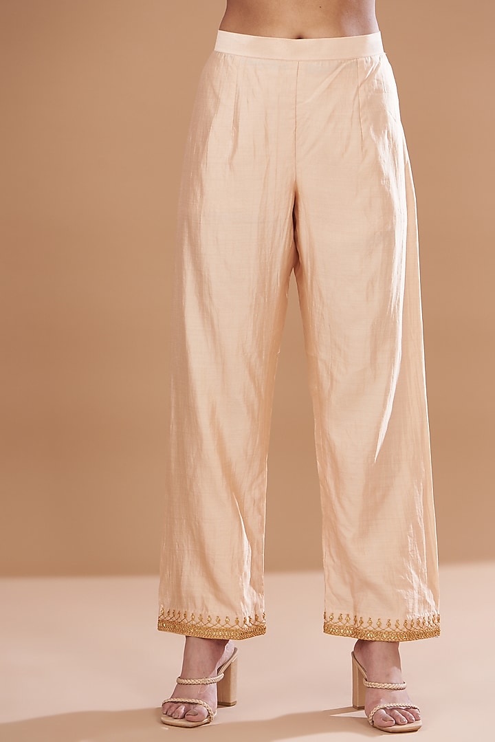 Powder Beige Pure Spun Silk Embroidered Kurta Set by SURBHI SHAH at Pernia's Pop Up Shop