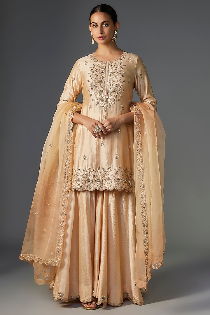 Beige Pure Spun Silk Wedding Sharara Set by SURBHI SHAH at Pernia's Pop Up Shop
