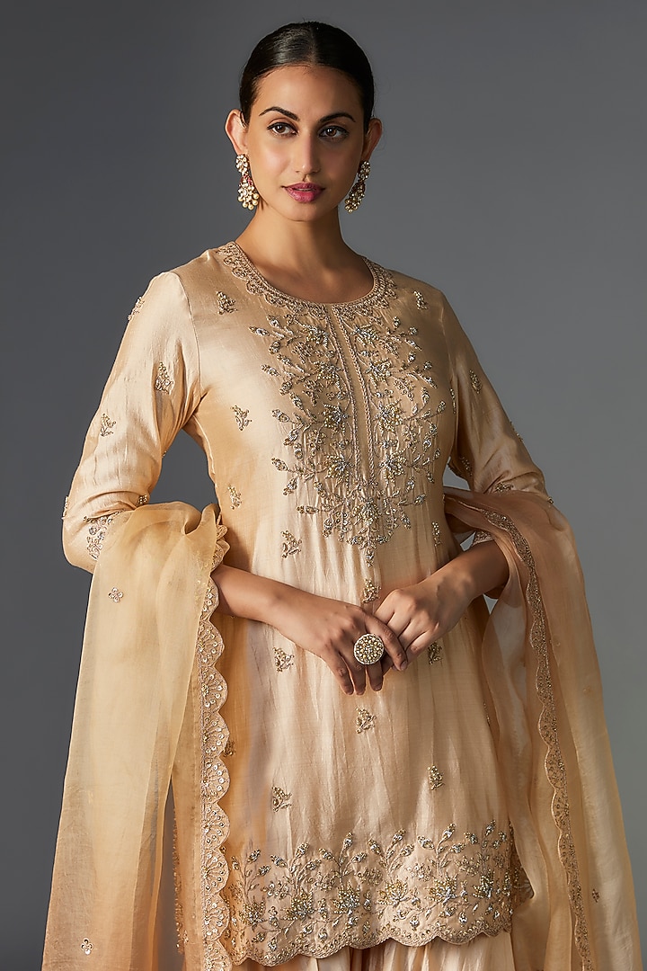 Beige Pure Spun Silk Wedding Sharara Set by SURBHI SHAH at Pernia's Pop Up Shop