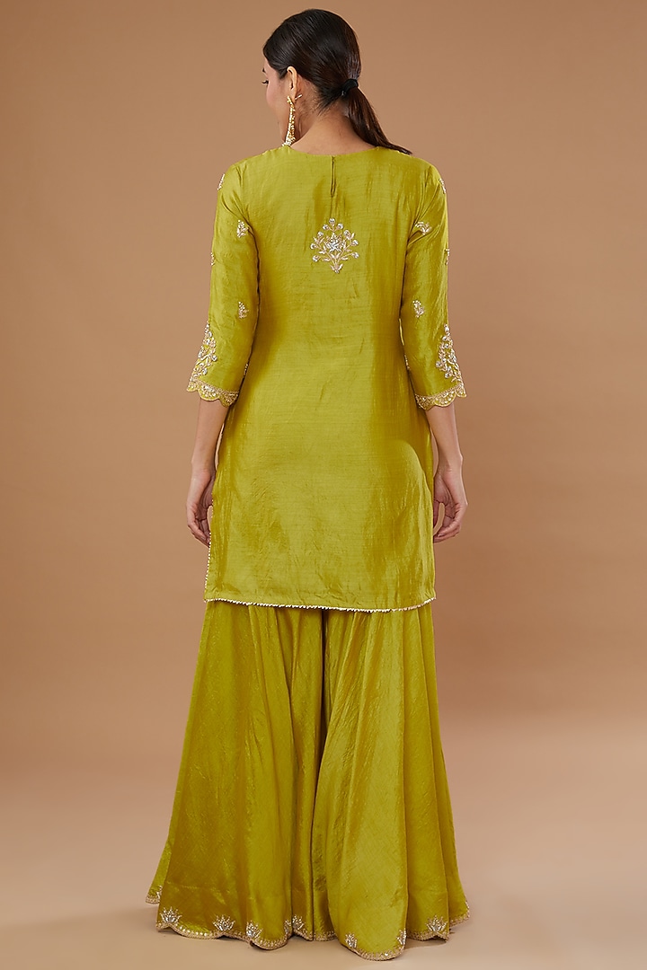 Lime Pure Spun Silk Wedding Sharara Set by SURBHI SHAH at Pernia's Pop Up Shop
