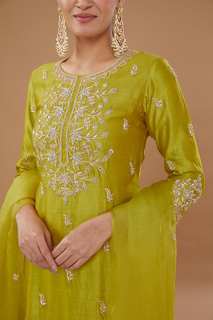 Lime Pure Spun Silk Wedding Sharara Set by SURBHI SHAH at Pernia's Pop Up Shop