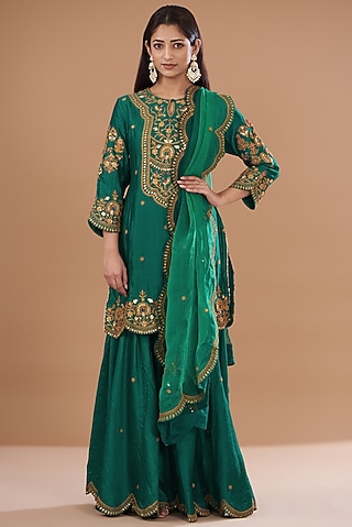 Emerald Green Pure Spun Silk Sharara Set by SURBHI SHAH