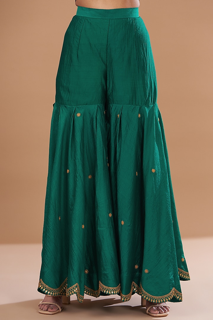 Emerald Green Pure Spun Silk Wedding Sharara Set by SURBHI SHAH at Pernia's Pop Up Shop