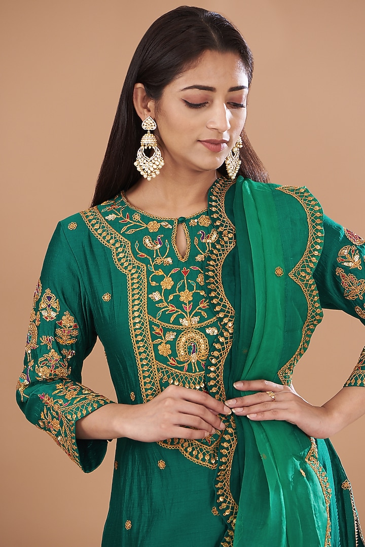 Emerald Green Pure Spun Silk Wedding Sharara Set by SURBHI SHAH at Pernia's Pop Up Shop