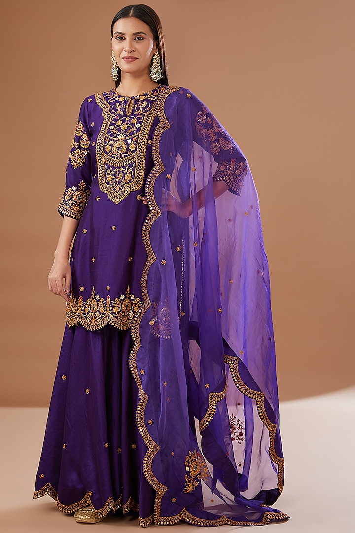 Purple Pure Spun Silk Gharara Set by SURBHI SHAH at Pernia's Pop Up Shop
