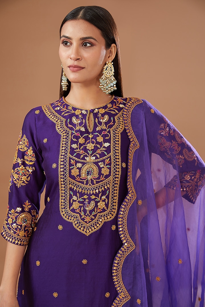 Purple Pure Spun Silk Gharara Set by SURBHI SHAH at Pernia's Pop Up Shop