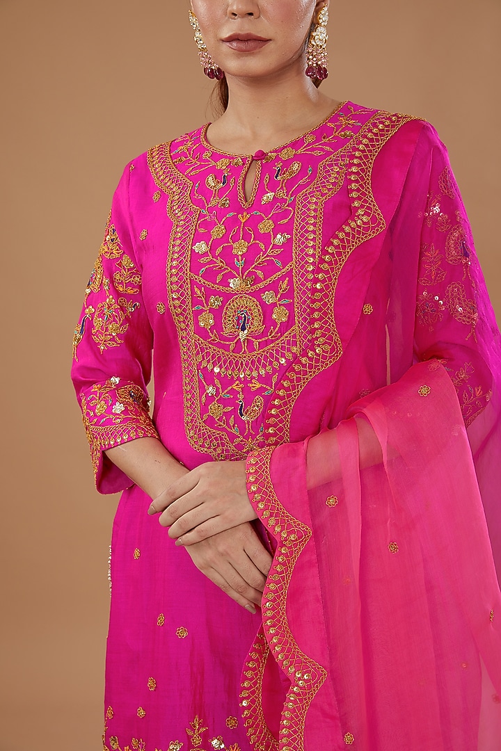 Hot Pink Pure Spun Silk Gharara Set by SURBHI SHAH at Pernia's Pop Up Shop