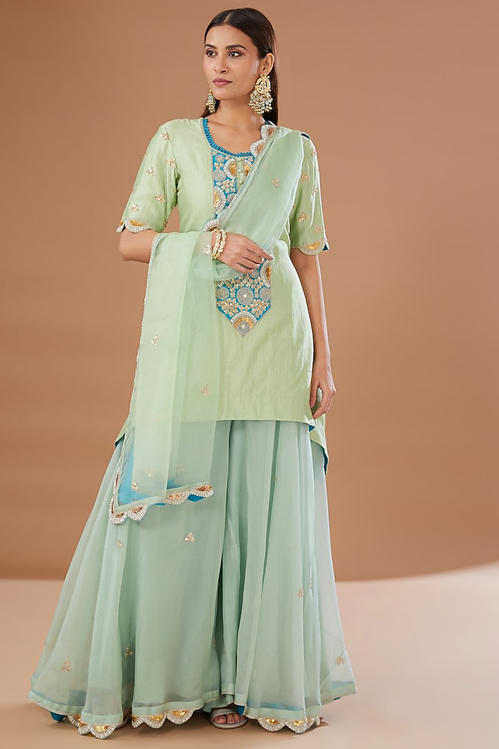 Powder Green Pure Silk Gharara Set by SURBHI SHAH at Pernia's Pop Up Shop