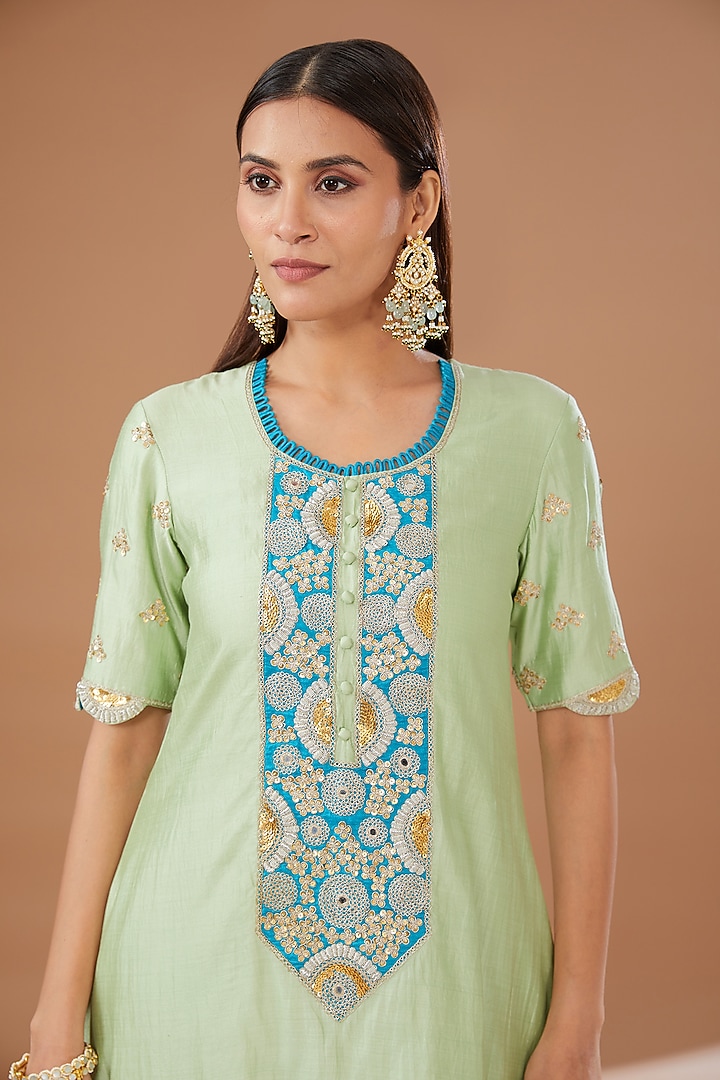 Powder Green Pure Silk Gharara Set by SURBHI SHAH at Pernia's Pop Up Shop