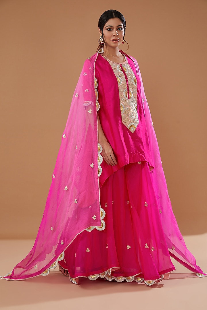 Strawberry Pink Pure Silk Embroidered Gharara Set by SURBHI SHAH at Pernia's Pop Up Shop