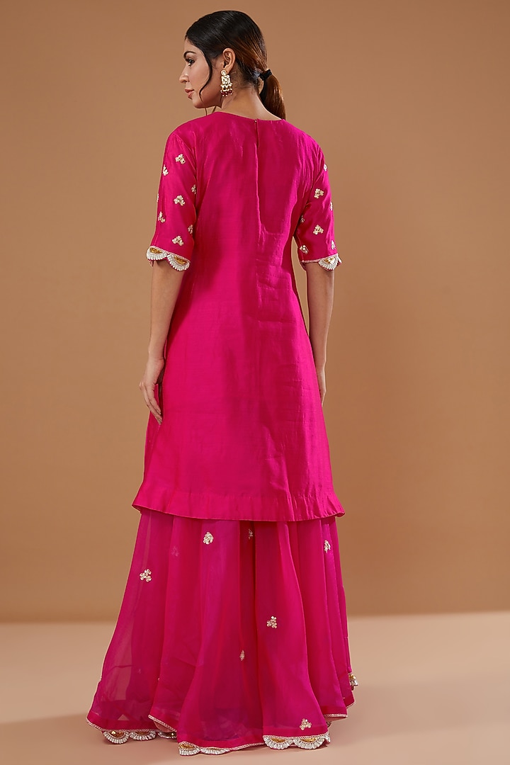 Strawberry Pink Pure Silk Embroidered Gharara Set by SURBHI SHAH at Pernia's Pop Up Shop