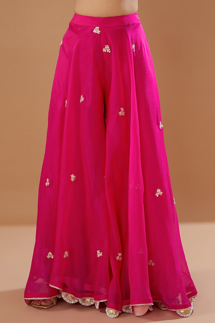 Strawberry Pink Pure Silk Embroidered Gharara Set by SURBHI SHAH at Pernia's Pop Up Shop