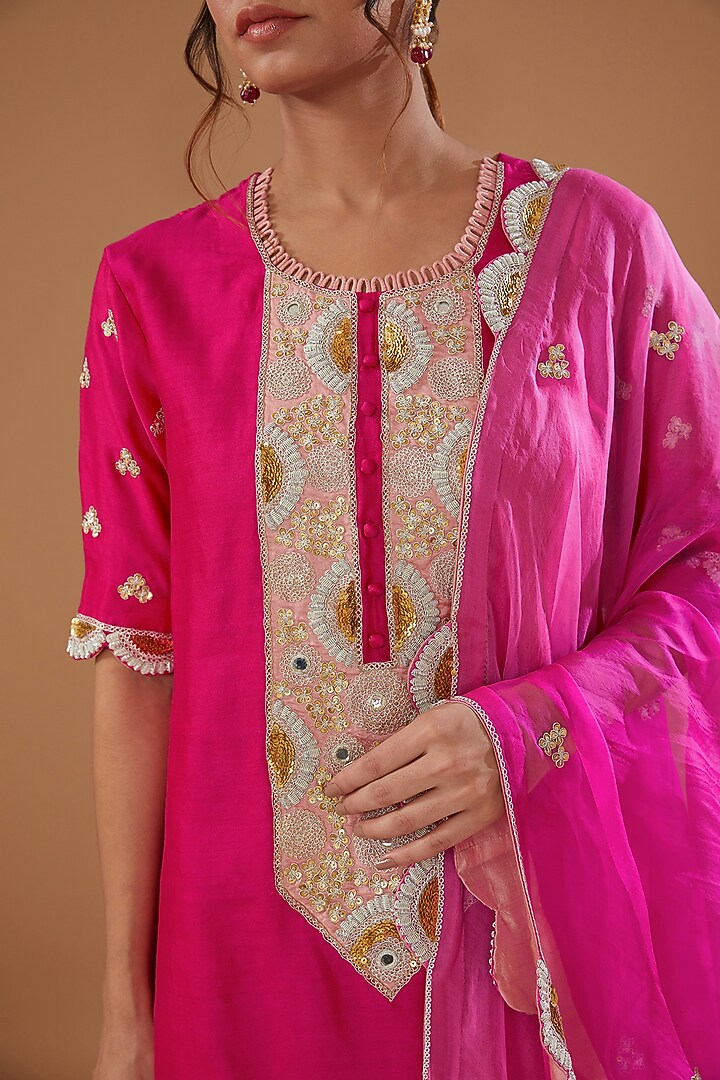 Strawberry Pink Pure Silk Embroidered Gharara Set by SURBHI SHAH at Pernia's Pop Up Shop
