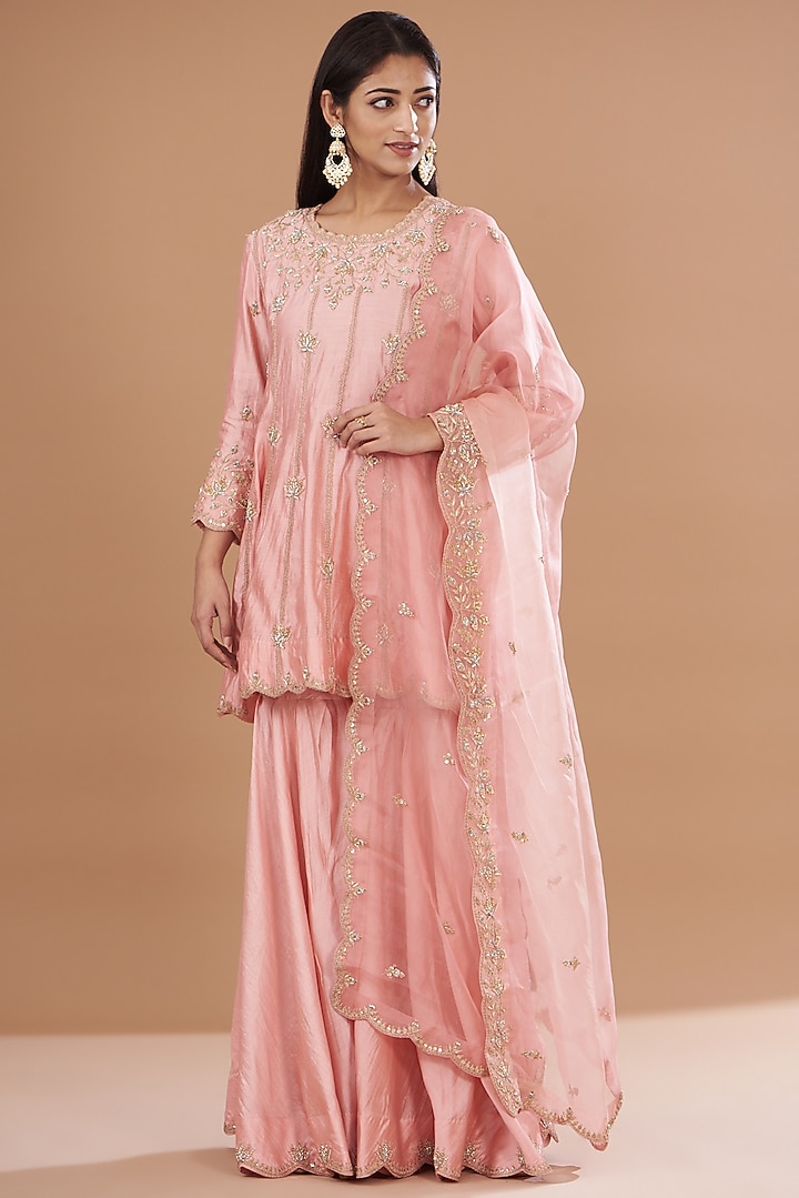 Powder Pink Pure Spun Silk Gharara Set by SURBHI SHAH at Pernia's Pop Up Shop