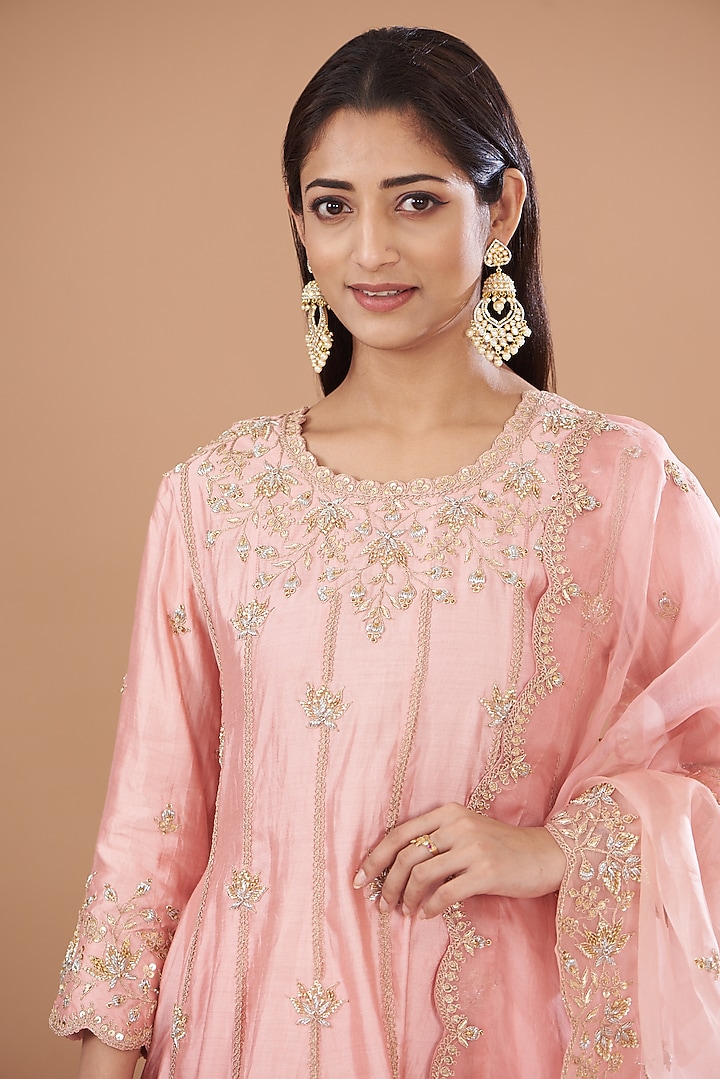 Powder Pink Pure Spun Silk Gharara Set by SURBHI SHAH at Pernia's Pop Up Shop
