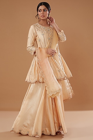 Champagne Pure Silk Gharara Set by SURBHI SHAH