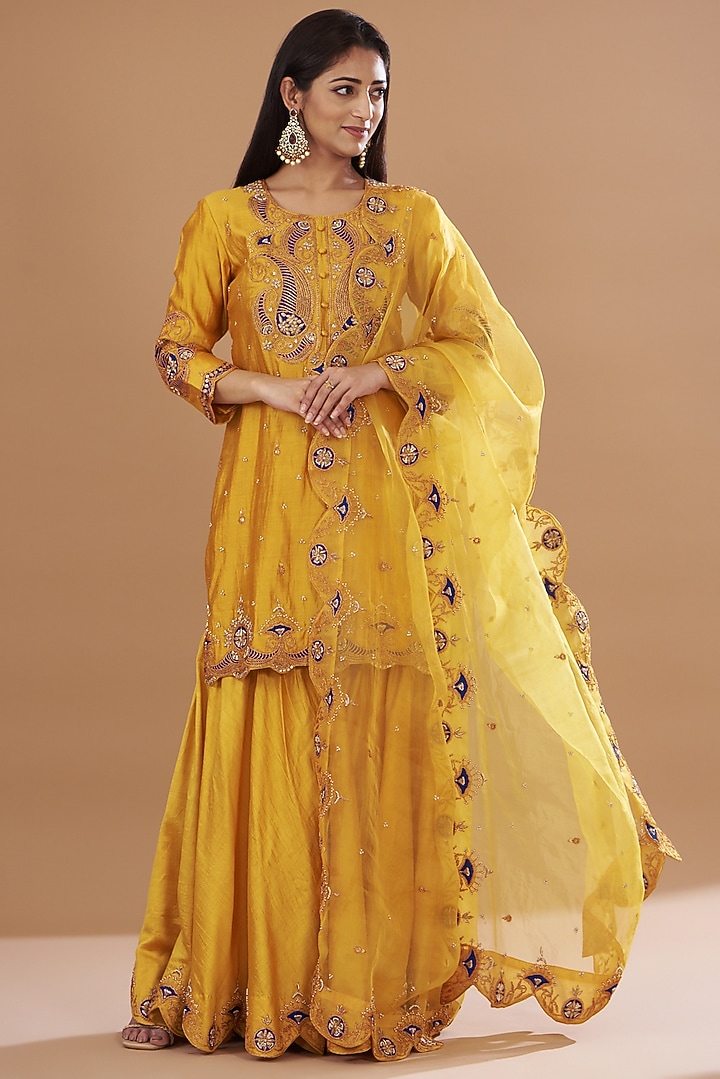 Yellow Pure Spun Silk Wedding Sharara Set by SURBHI SHAH at Pernia's Pop Up Shop