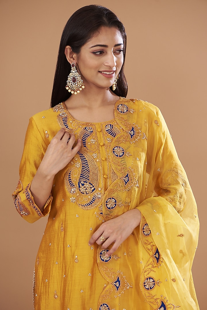 Yellow Pure Spun Silk Wedding Sharara Set by SURBHI SHAH at Pernia's Pop Up Shop