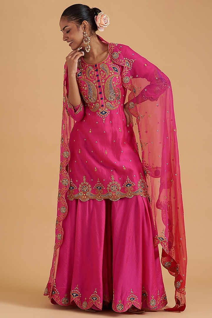 Strawberry Pink Pure Spun Silk Embroidered Wedding Sharara Set by SURBHI SHAH at Pernia's Pop Up Shop