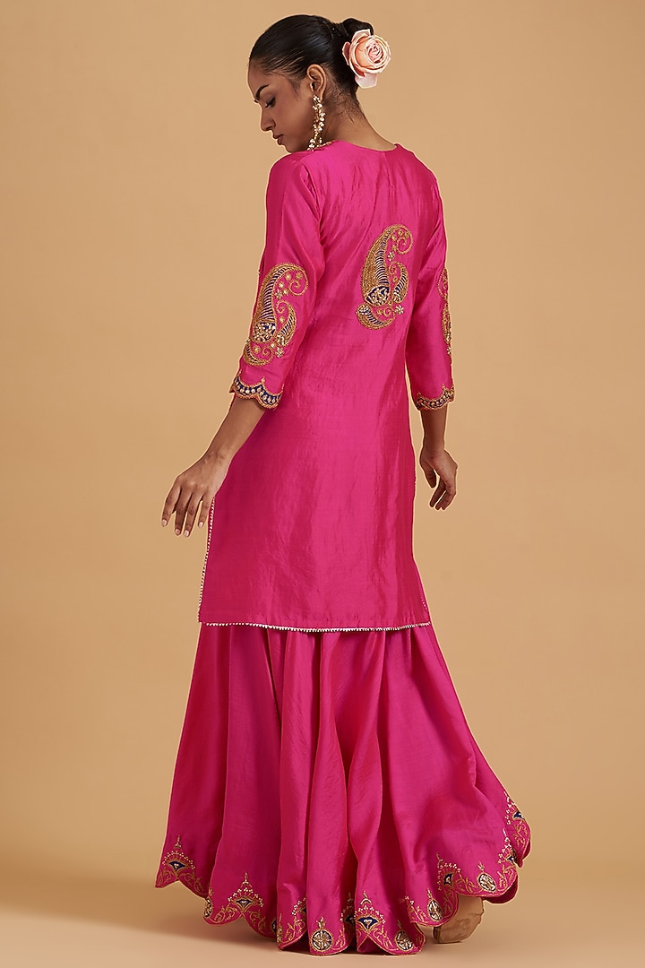Strawberry Pink Pure Spun Silk Embroidered Wedding Sharara Set by SURBHI SHAH at Pernia's Pop Up Shop