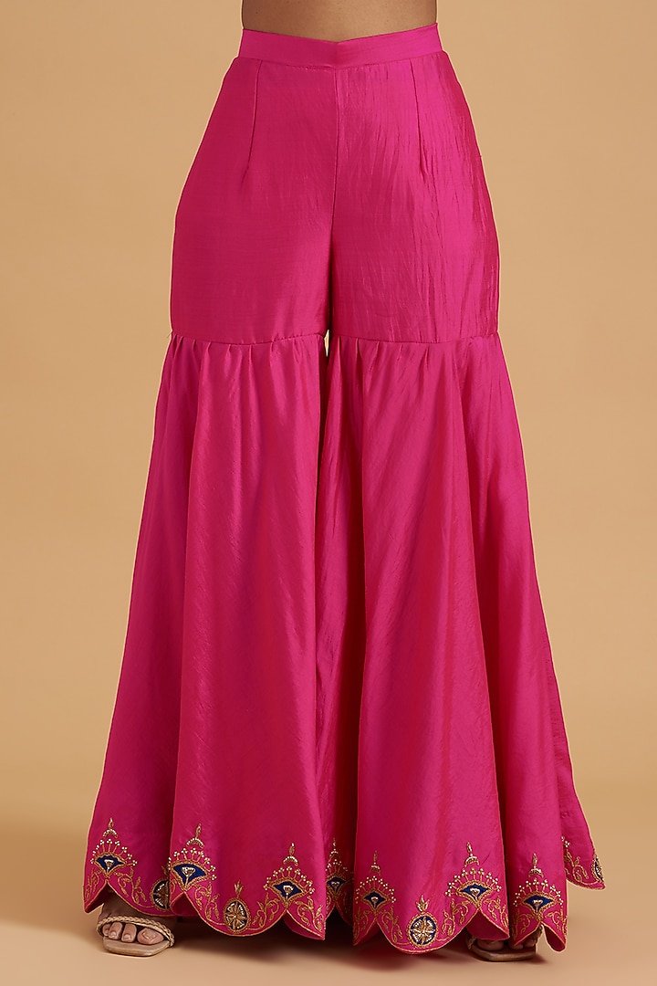 Strawberry Pink Pure Spun Silk Embroidered Wedding Sharara Set by SURBHI SHAH at Pernia's Pop Up Shop