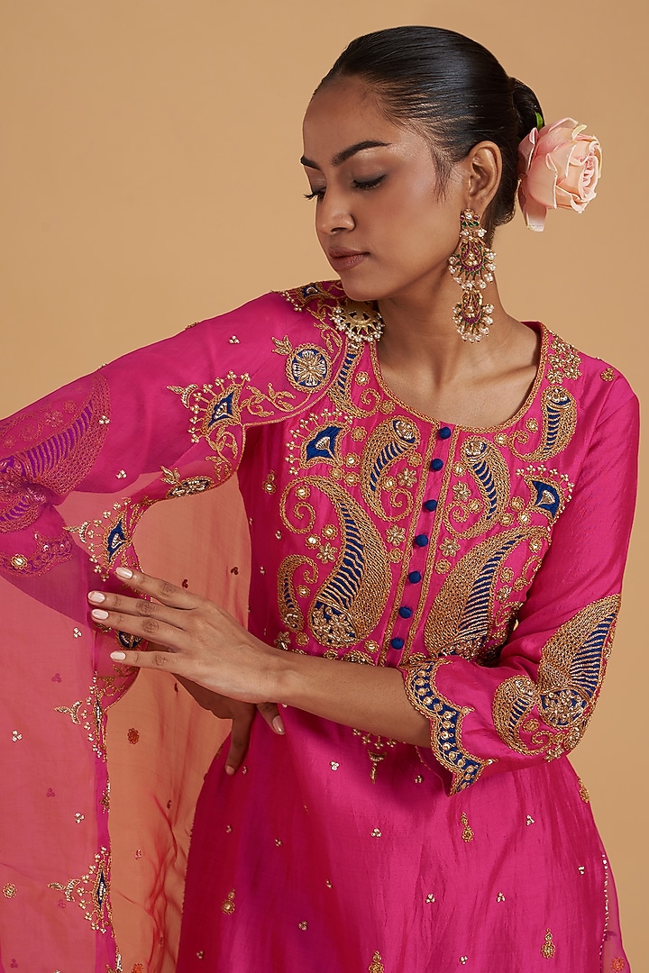 Strawberry Pink Pure Spun Silk Embroidered Wedding Sharara Set by SURBHI SHAH at Pernia's Pop Up Shop