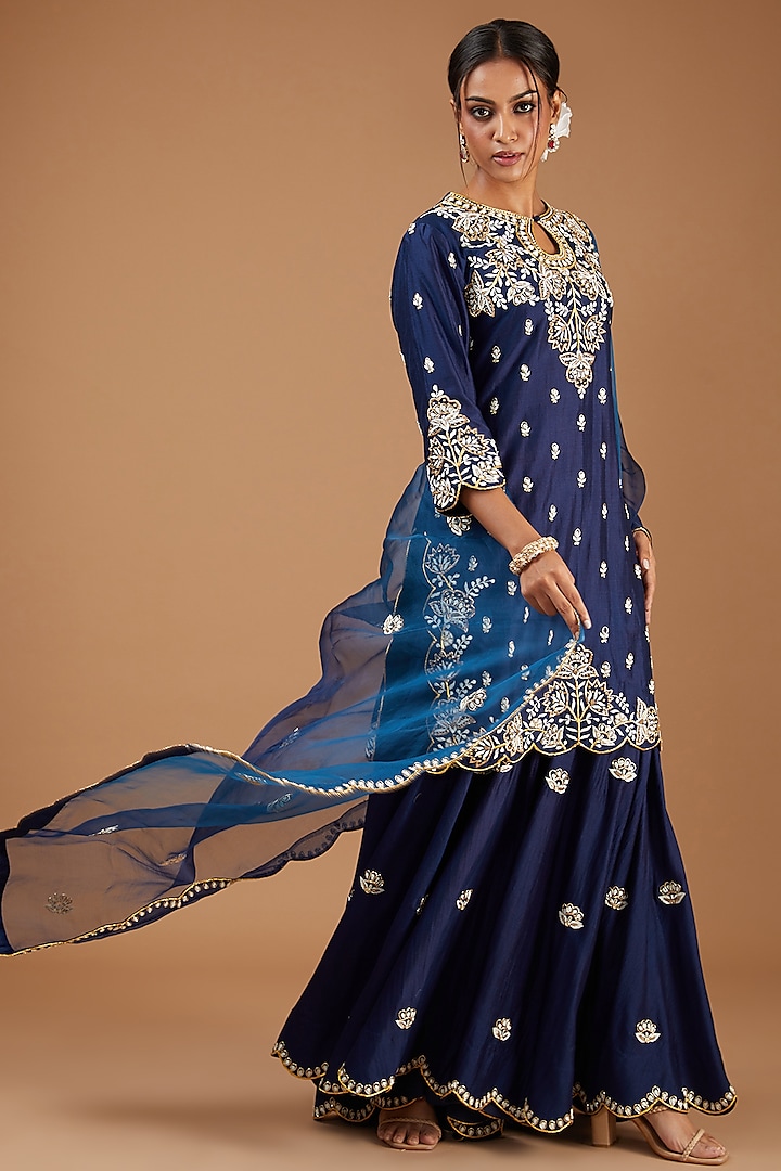Navy Blue Pure Silk Embroidered Wedding Sharara Set by SURBHI SHAH at Pernia's Pop Up Shop