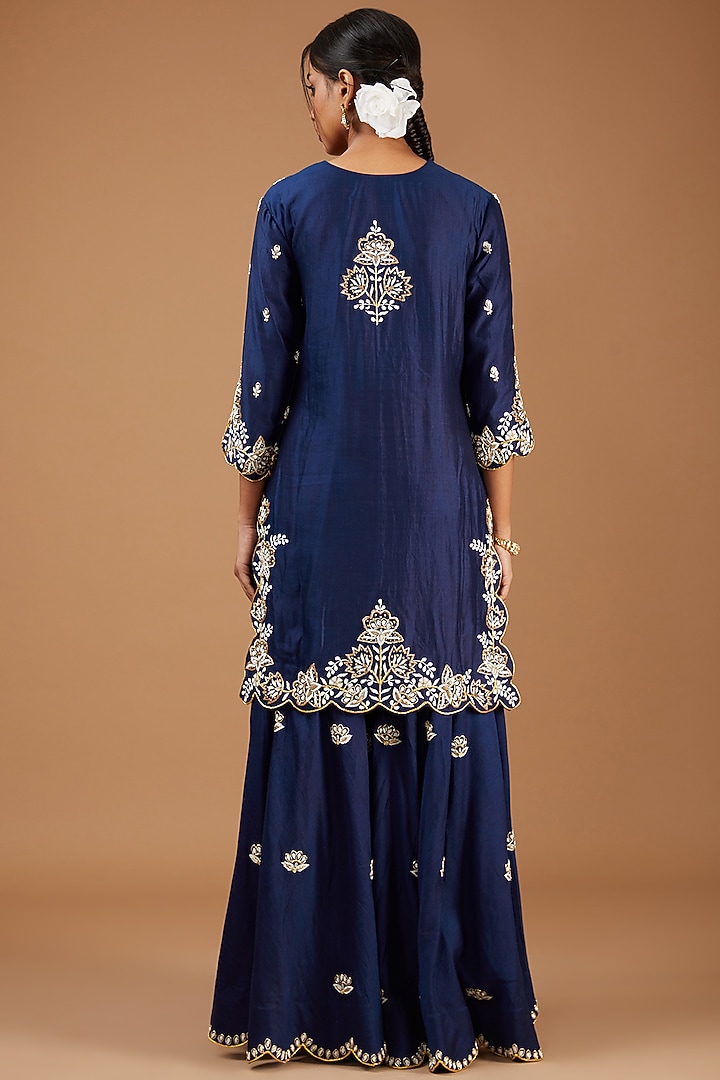 Navy Blue Pure Silk Embroidered Wedding Sharara Set by SURBHI SHAH at Pernia's Pop Up Shop