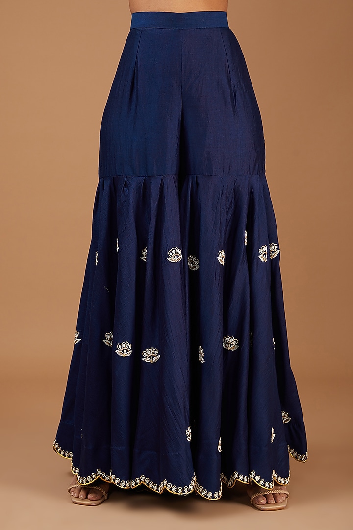Navy Blue Pure Silk Embroidered Wedding Sharara Set by SURBHI SHAH at Pernia's Pop Up Shop