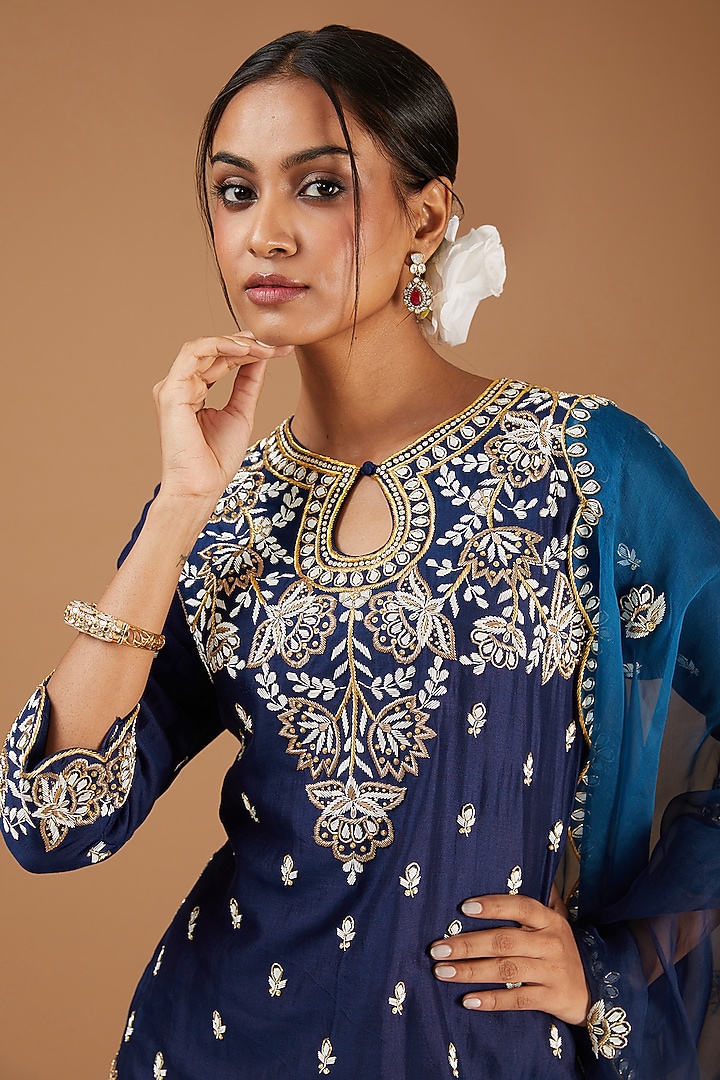 Navy Blue Pure Silk Embroidered Wedding Sharara Set by SURBHI SHAH at Pernia's Pop Up Shop