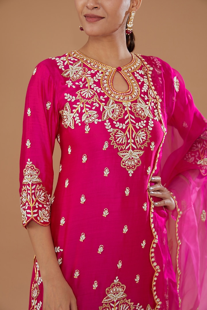 Hot Pink Pure Silk Embroidered Gharara Set by SURBHI SHAH at Pernia's Pop Up Shop