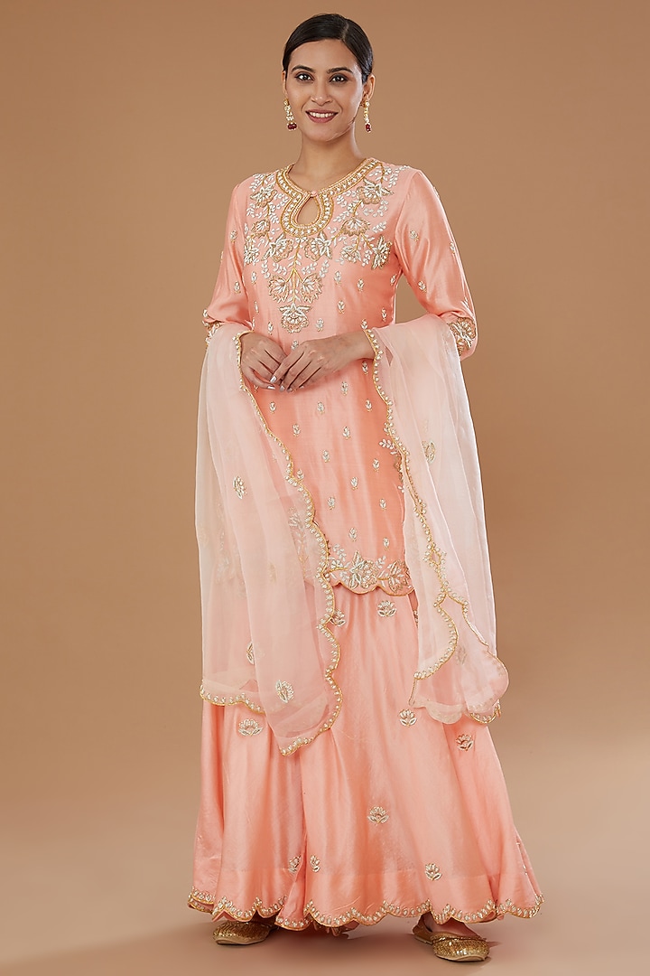 Peach Pure Silk Embroidered Wedding Sharara Set by SURBHI SHAH at Pernia's Pop Up Shop