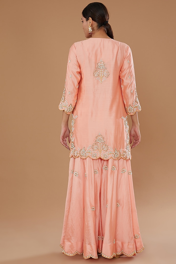 Peach Pure Silk Embroidered Wedding Sharara Set by SURBHI SHAH at Pernia's Pop Up Shop