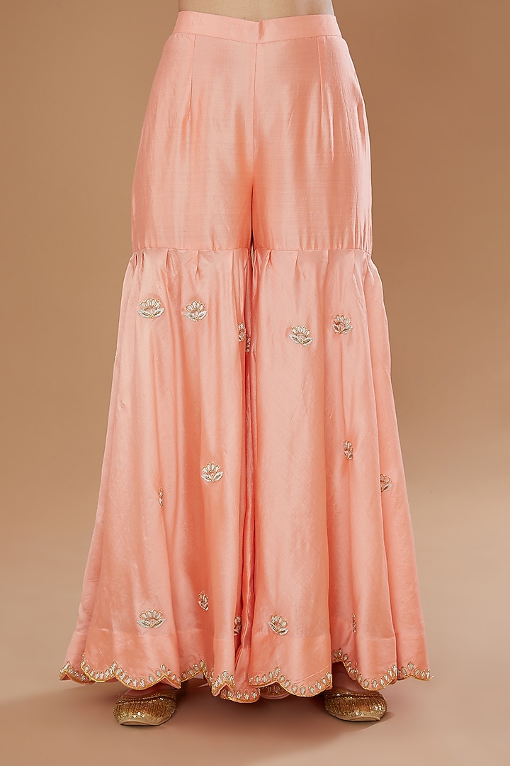 Peach Pure Silk Embroidered Wedding Sharara Set by SURBHI SHAH at Pernia's Pop Up Shop