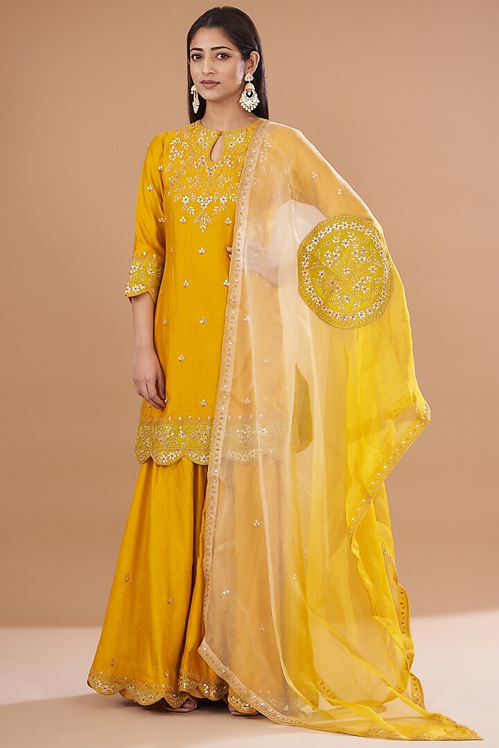 Mango Yellow Pure Spun Silk Wedding Sharara Set by SURBHI SHAH at Pernia's Pop Up Shop