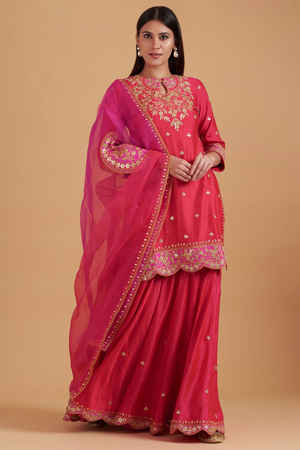 Red Pure Spun Silk Wedding Sharara Set by SURBHI SHAH at Pernia's Pop Up Shop