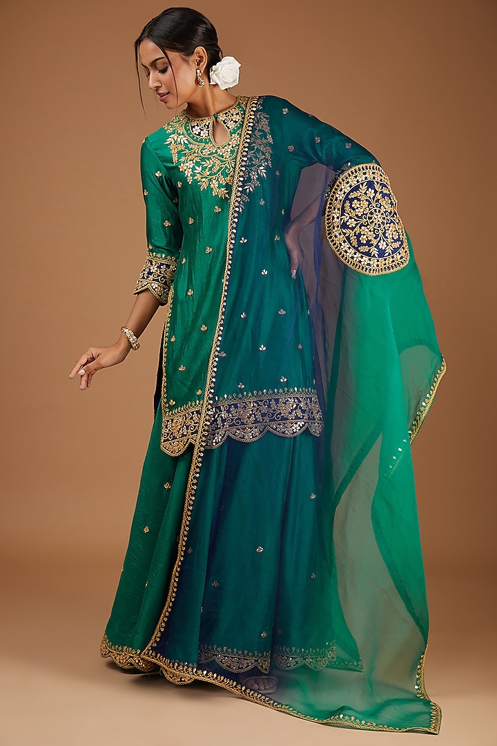 Emerald Green Pure Spun Silk Marori Embroidered Sharara Set by SURBHI SHAH at Pernia's Pop Up Shop