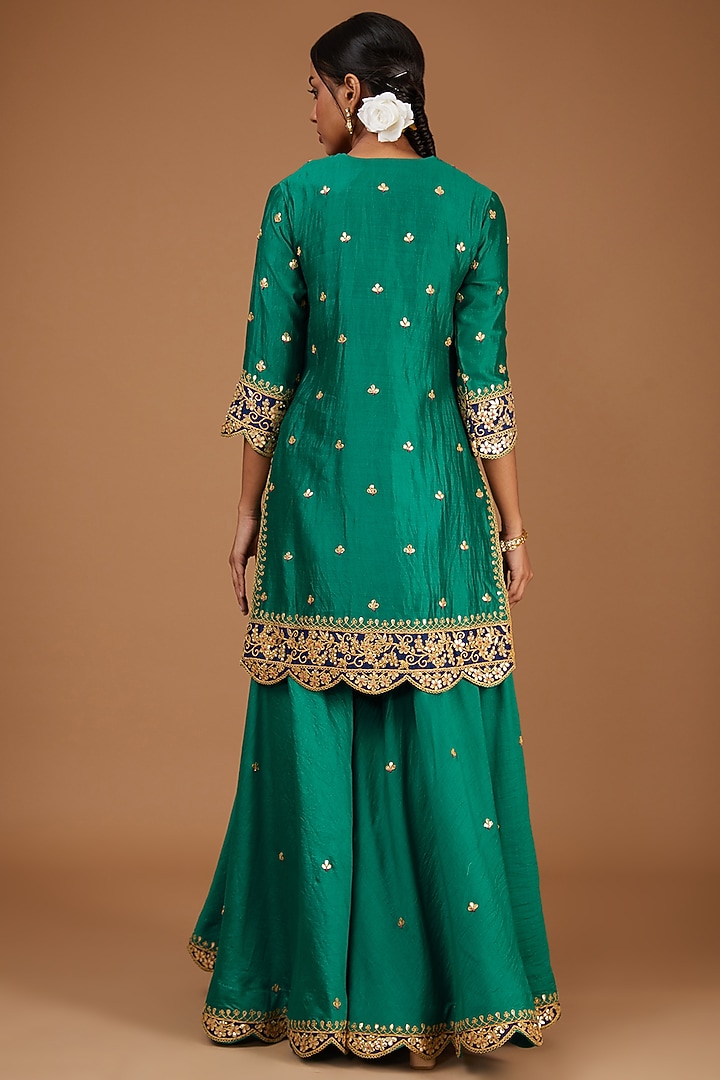 Emerald Green Pure Spun Silk Marori Embroidered Wedding Sharara Set by SURBHI SHAH at Pernia's Pop Up Shop