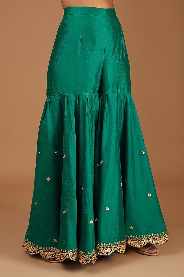 Emerald Green Pure Spun Silk Marori Embroidered Wedding Sharara Set by SURBHI SHAH at Pernia's Pop Up Shop