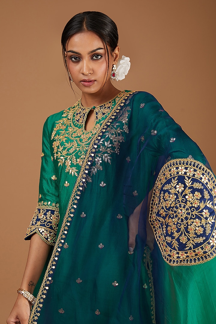 Emerald Green Pure Spun Silk Marori Embroidered Wedding Sharara Set by SURBHI SHAH at Pernia's Pop Up Shop
