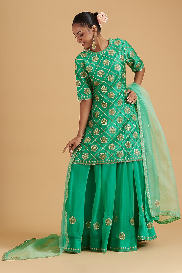 Bright Green Organza Embroidered Wedding Sharara Set by SURBHI SHAH at Pernia's Pop Up Shop