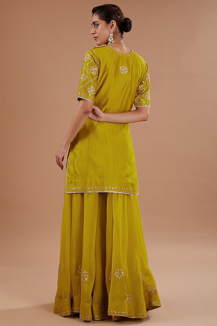 Lime Pure Spun Silk Dabka Embroidered Wedding Sharara Set by SURBHI SHAH at Pernia's Pop Up Shop