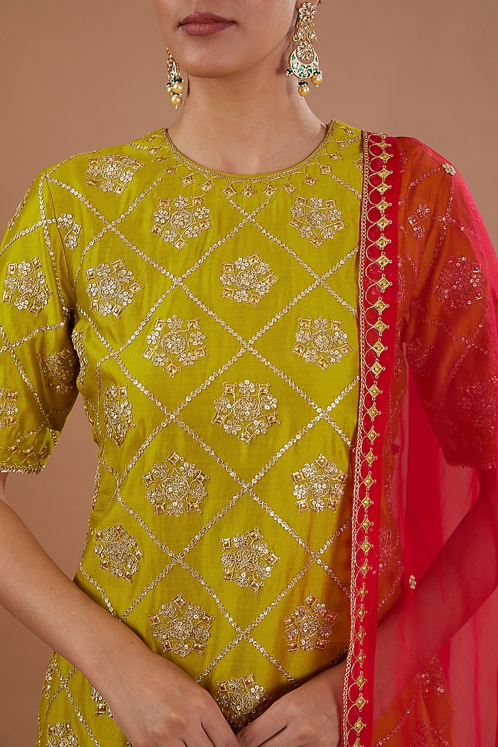 Lime Pure Spun Silk Dabka Embroidered Wedding Sharara Set by SURBHI SHAH at Pernia's Pop Up Shop