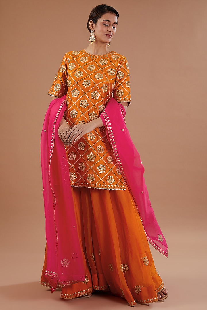 Orange Spun Silk Marori Embroidered Wedding Sharara Set by SURBHI SHAH at Pernia's Pop Up Shop