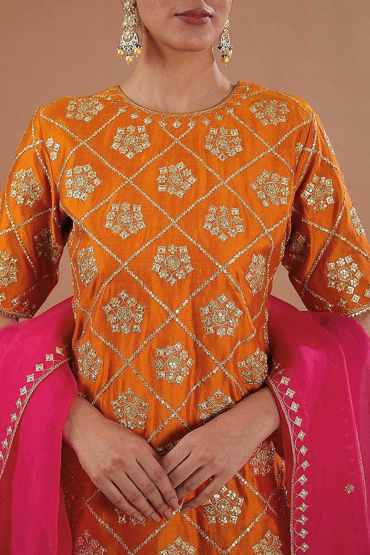 Orange Spun Silk Marori Embroidered Wedding Sharara Set by SURBHI SHAH at Pernia's Pop Up Shop
