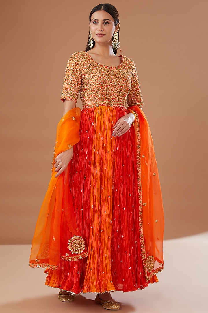 Orange Pure Silk Embroidered Wedding Anarkali Set by SURBHI SHAH at Pernia's Pop Up Shop