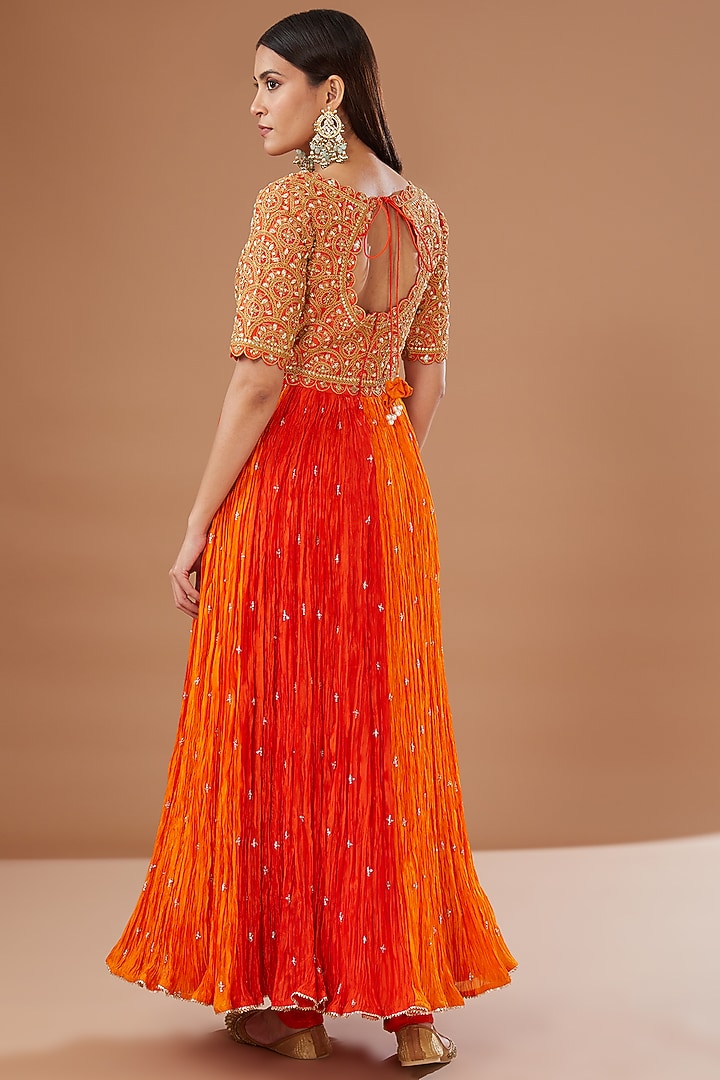 Orange Pure Silk Embroidered Wedding Anarkali Set by SURBHI SHAH at Pernia's Pop Up Shop