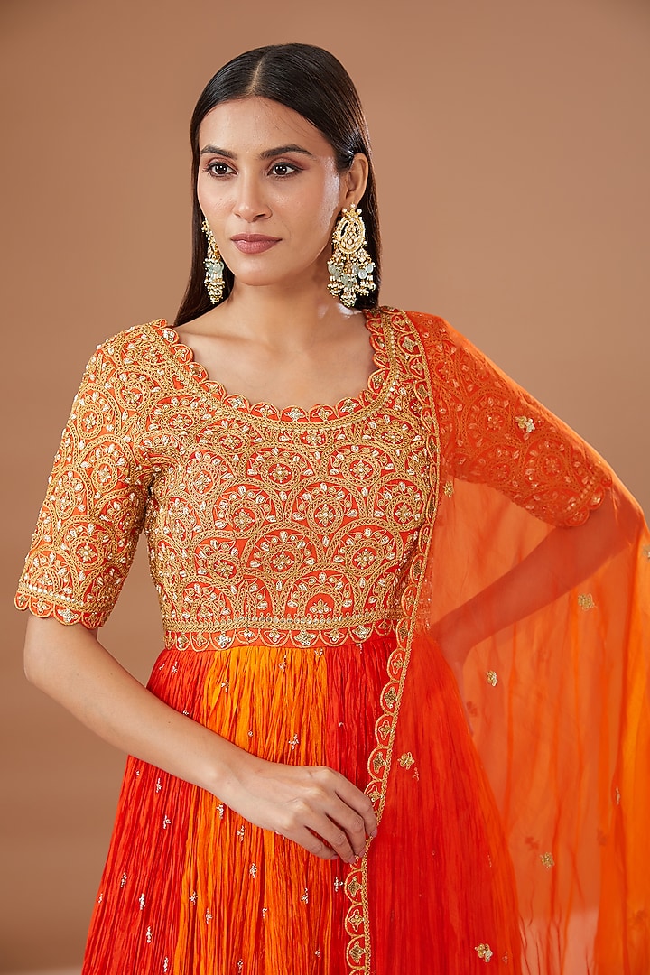 Orange Pure Silk Embroidered Wedding Anarkali Set by SURBHI SHAH at Pernia's Pop Up Shop