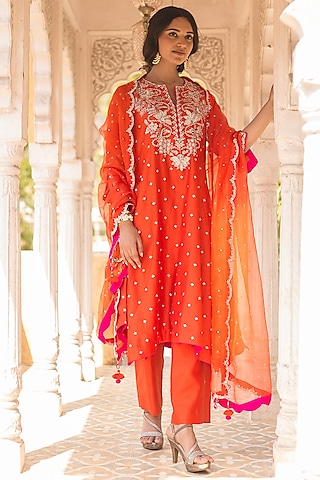 Orange Banarasi Chanderi Zardosi Work Kurta Set by SURBHI SHAH