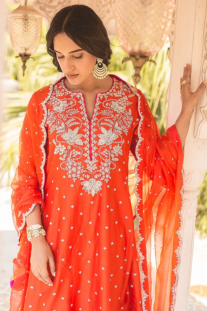 Orange Banarasi Chanderi Zardosi Work Kurta Set by SURBHI SHAH at Pernia's Pop Up Shop